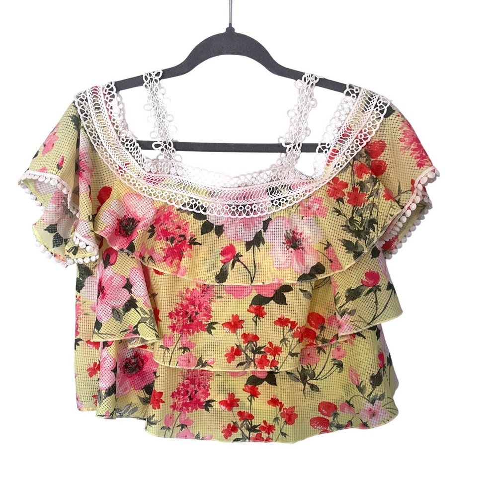 Love J Yellow Floral Strawberry Crochet Lace Tiered Ruffle Top Small Cottagecore